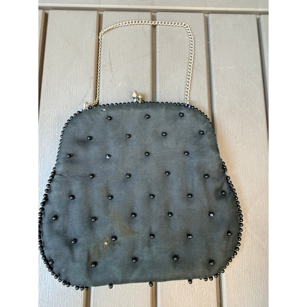 Vintage Black Beaded Evening Bag Made in Japan Kiss Lock Gold Chain Clutch -BE - Picture 3 of 6